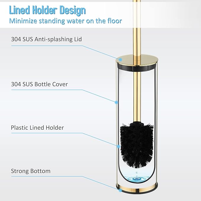 Toilet Brush and Holder Set Gold Stainless Steel, 304 Heavy Duty Round Toilet - Image 4