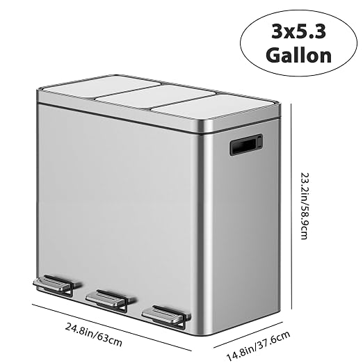 3 x 5.3 Gal Trash Can, Stainless Steel Triple Compartment Step-On Recycling Bin - Image 2
