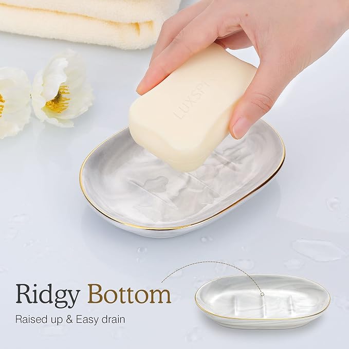 Luxspire Soap Dish Holder, Ceramic Marble Soap Tray Bar Soap Holder - Image 5