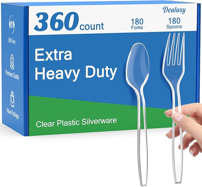 360 Count Extra Heavy Duty Clear Plastic Forks and Spoons, 180 Forks & 180 by Dealusy