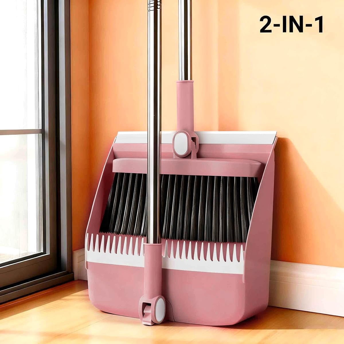 2-in-1 Broom with Dustpan Combo Set,Long Handle Broom Dustpan Combo with Dustpan Teeth to Automatically Clean Hair for Home, Indoor or Outdoor Cleaning Hall Floor (Pink)