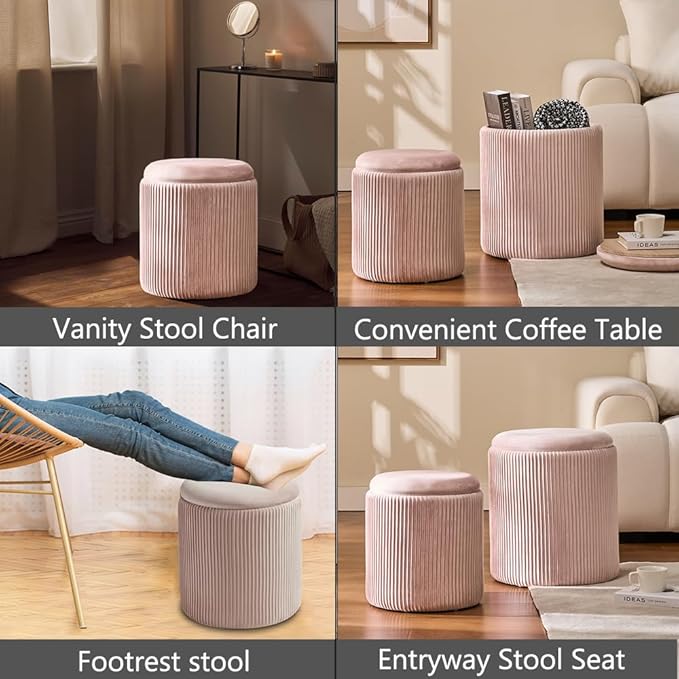 Round Set of 2 Ottoman with Storage-Upholstered Velvet Vanity Stool - Image 4