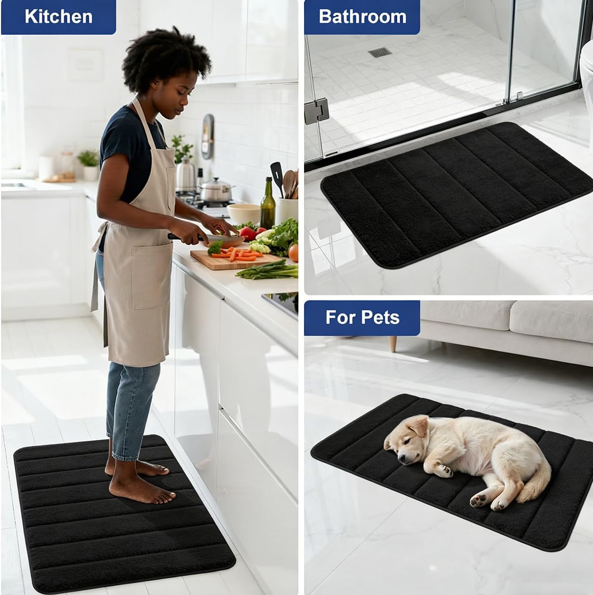 Black Bathroom Rugs Set 2 Piece Memory Foam Bath Rugs Non-Slip Bath Mat,Washable Room Mats,Absorbent Shaggy Rug Super Soft Kitchen Mats, Batroom Carpets for Bathroom,Tub,Shower Home Decor
