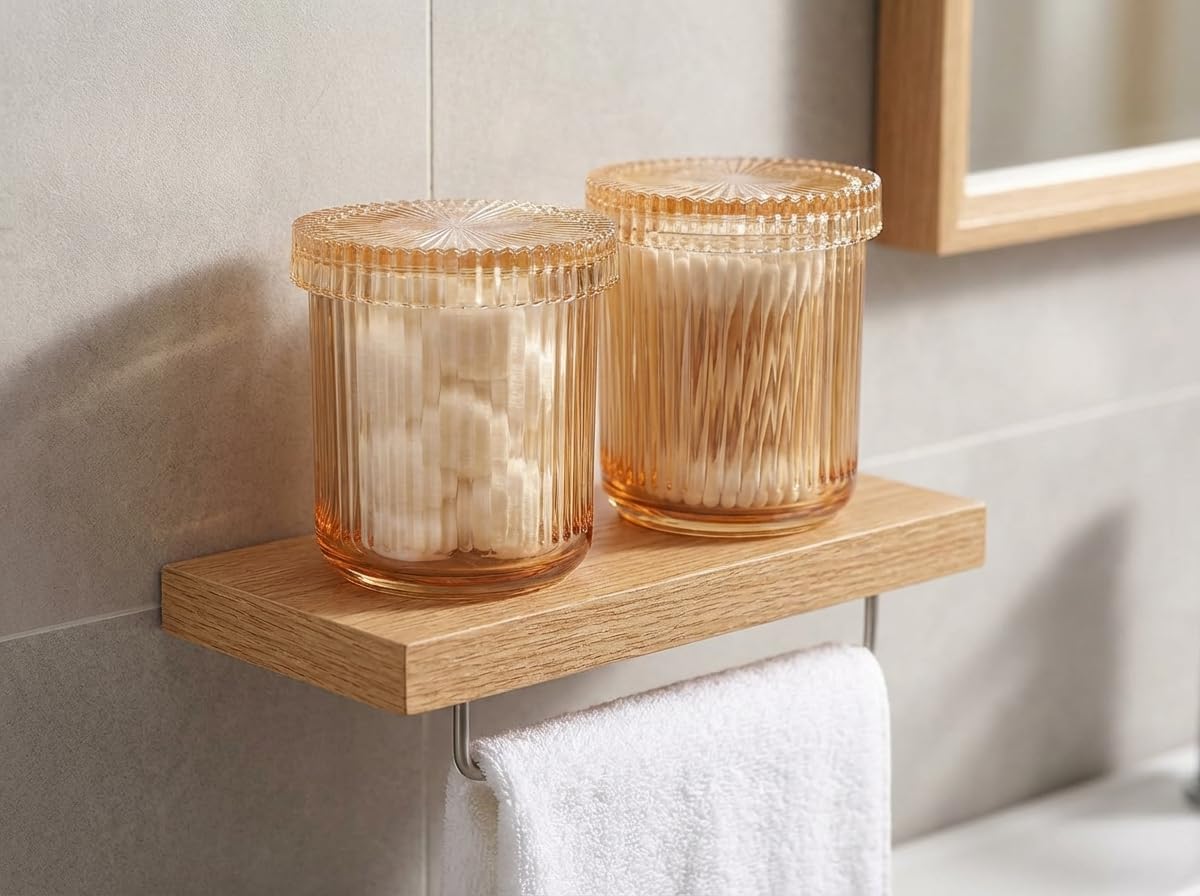 SheeChung 2 Pack Glass Qtip Holder Dispenser, Amber Apothecary Jars | -Bathroom Organizer & Storage Set -Vanity Canister for Cotton Swabs, Balls, Pads - Luxury Modern Farmhouse Decor