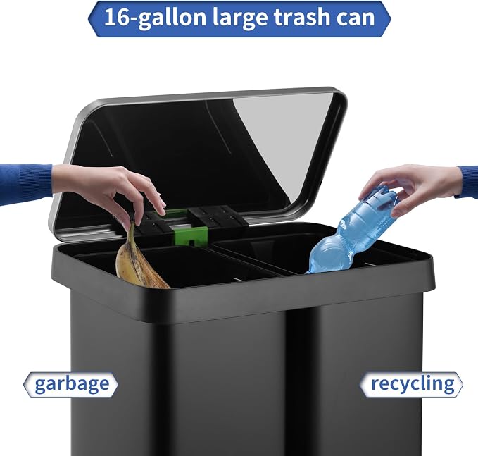 16 Gallon Dual Compartment Trash Can, Hands-Free Recycling Rectangular Garbage - Image 3