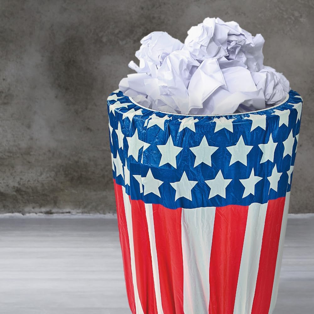 Fun Express Stars & Stripes Plastic Trash Can Cover, 1 Cover | Great for Cookouts, 4th of July Decoration, Memorial Day Events, Veteran's Day Events