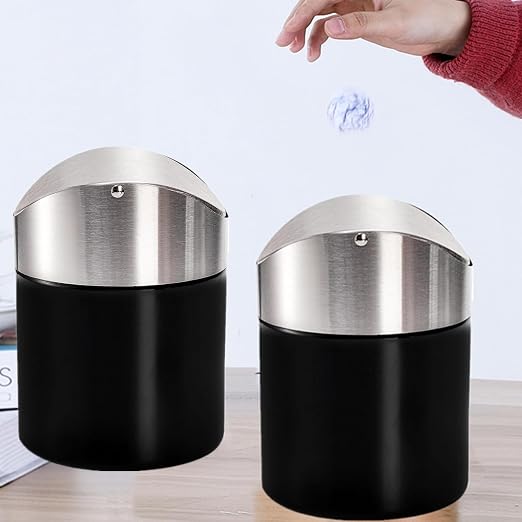 2 Pack Mini Trash Can for Desk, Swing Lid Brushed Stainless Steel Countertop - Image 4