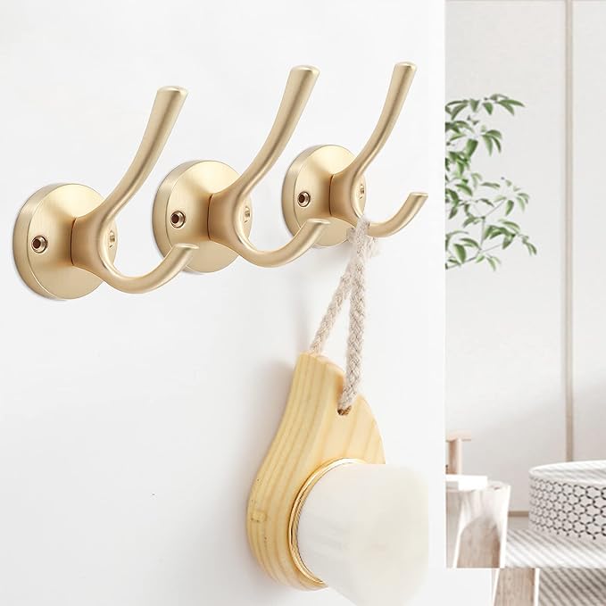 Gold Coat Hooks for Wall, 3 Pack Towel Hook Heavy Duty Metal Double Bath Robe - Image 6