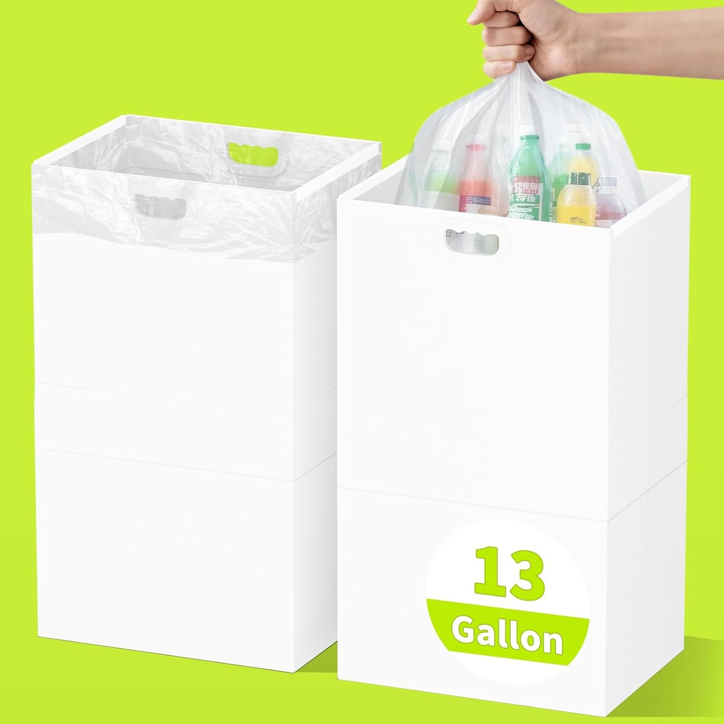 Kaiferty 13 Gallon Disposable Trash Cans for Parties, 2 Pack Extra Large Collapsible Pop Up Trash Can with Handles, Portable Cardboard Garbage Can & Recycling Bin for Party Kitchen Camping, White