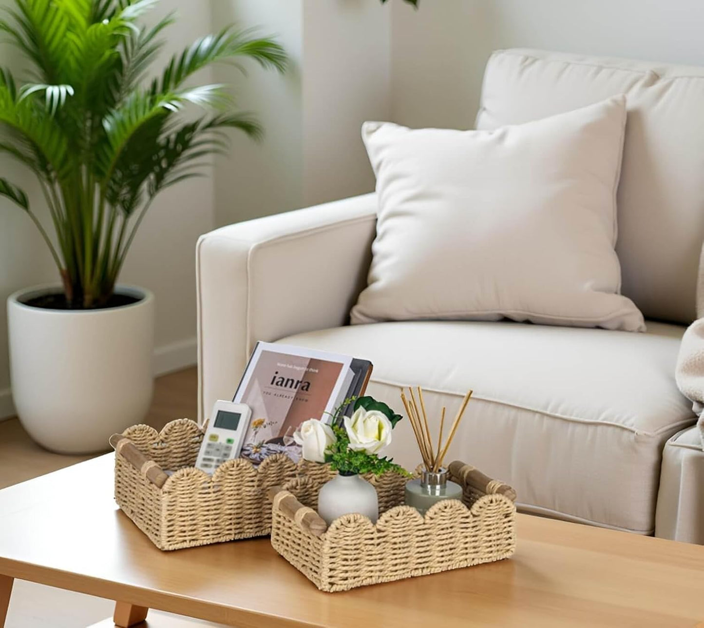 CubesLand Scalloped Toilet Paper Storage Basket for Over Toilet Shelves | Decorative Wicker Organizer Basket Perfect for Home Countertop Storage, Small Basket, Living Room Shelf Decor, Beige