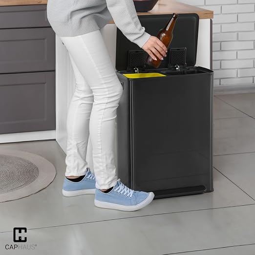 CAPHAUS Black Dual Trash Can w/Single Lid, Trash & Recycle Bins Combo, - Image 9