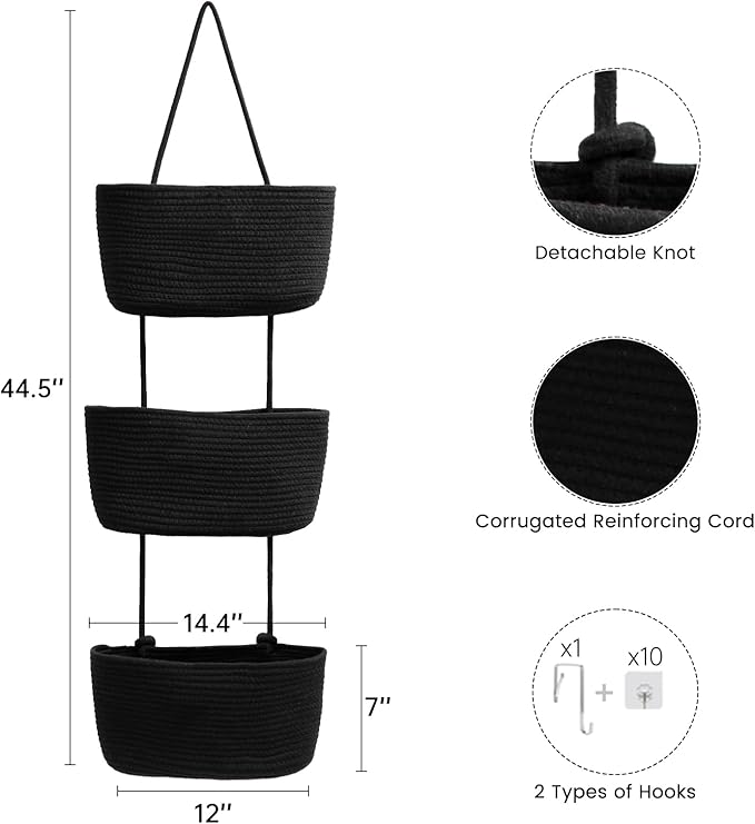 TeoKJ Over the Door Organizer, 3-Tier Woven Cotton Hanging Kitchen Baskets - Image 2
