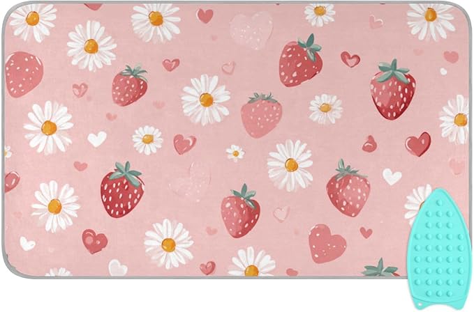 Pink Floral Strawberry Hearts Ironing Mat by Tatenale