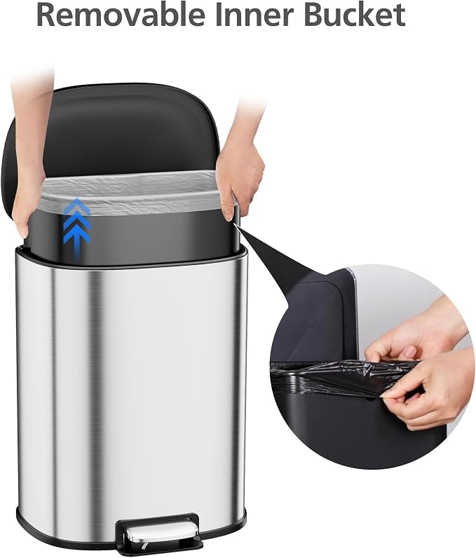 13.2 Gal/50L D-Shape Trash Can, Step-On Stainless Steel Garbage Can, Soft-Close - Image 4