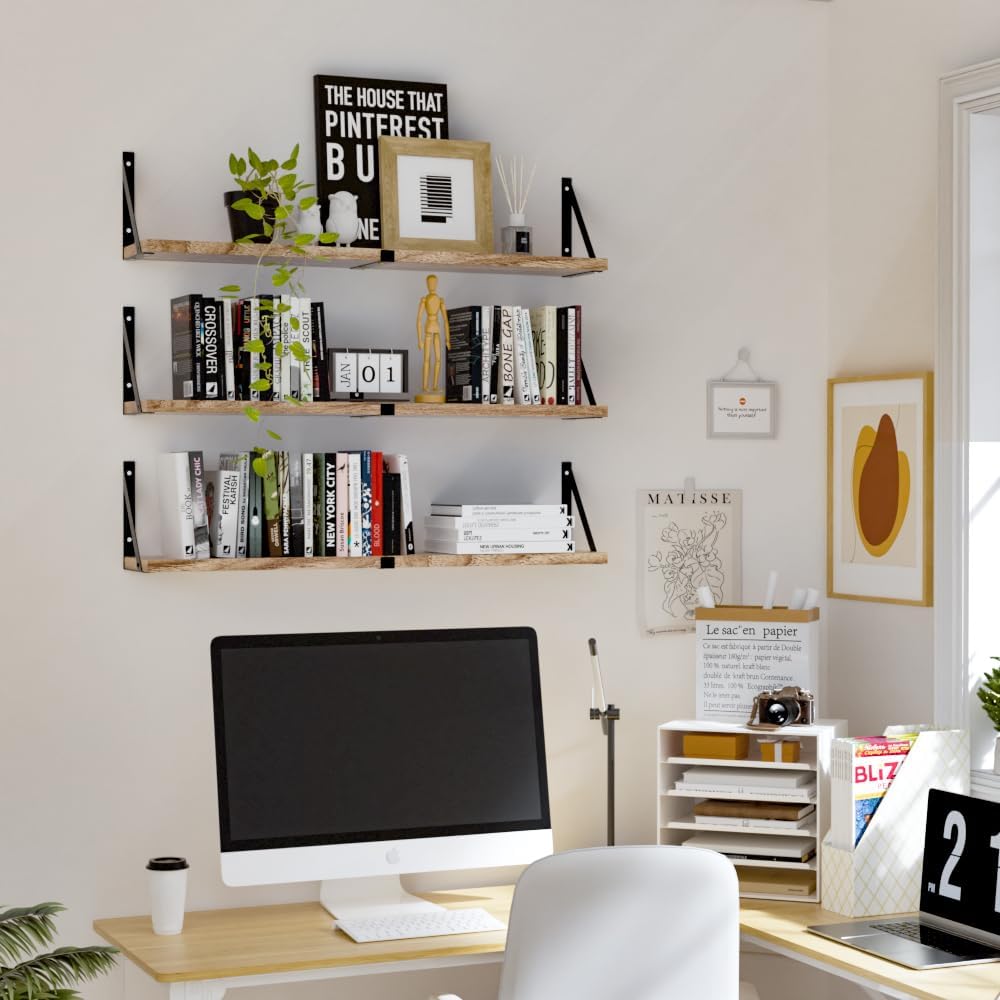 Floating Book Shelves Set of 3, Wall Bookshelf, 33 inch Long Wood Shelf for W...