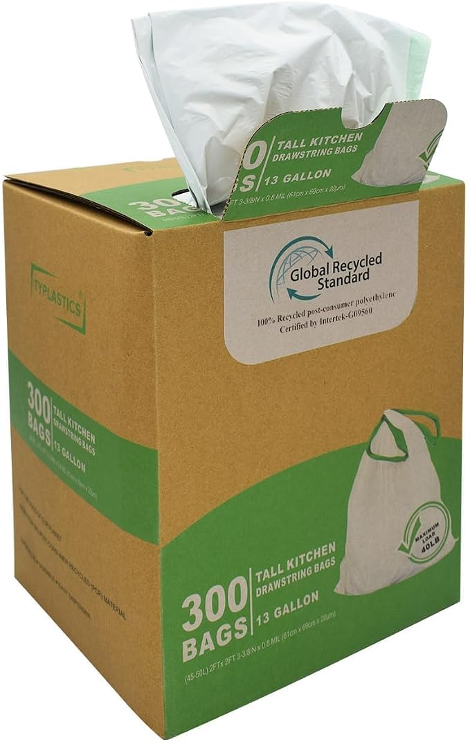 TYPLASTICS 300 Count 13 Gallon Tall Kitchen Drawstring Trash Bags, GRS Compliant - Image 6