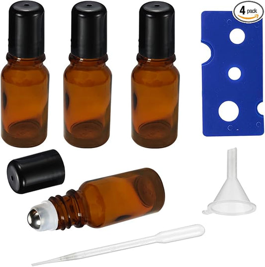10ML Roller Bottles for Essential Oil, 4 Pack Empty Amber Glass Roller Bottle by HEYLEAYAR