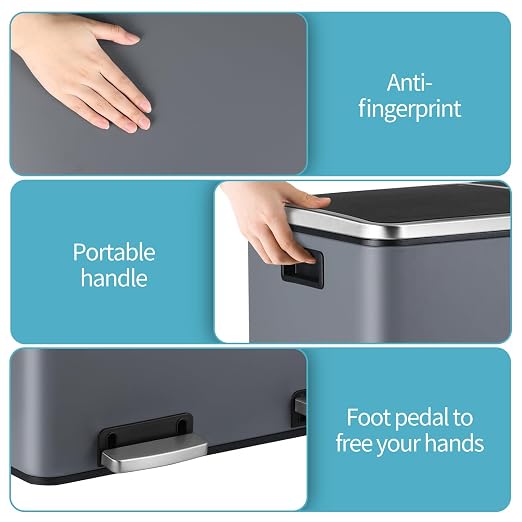 16 Gallon Rectangular Stainless Steel Trash Can, Dual Compartment Garbage Bin - Image 7