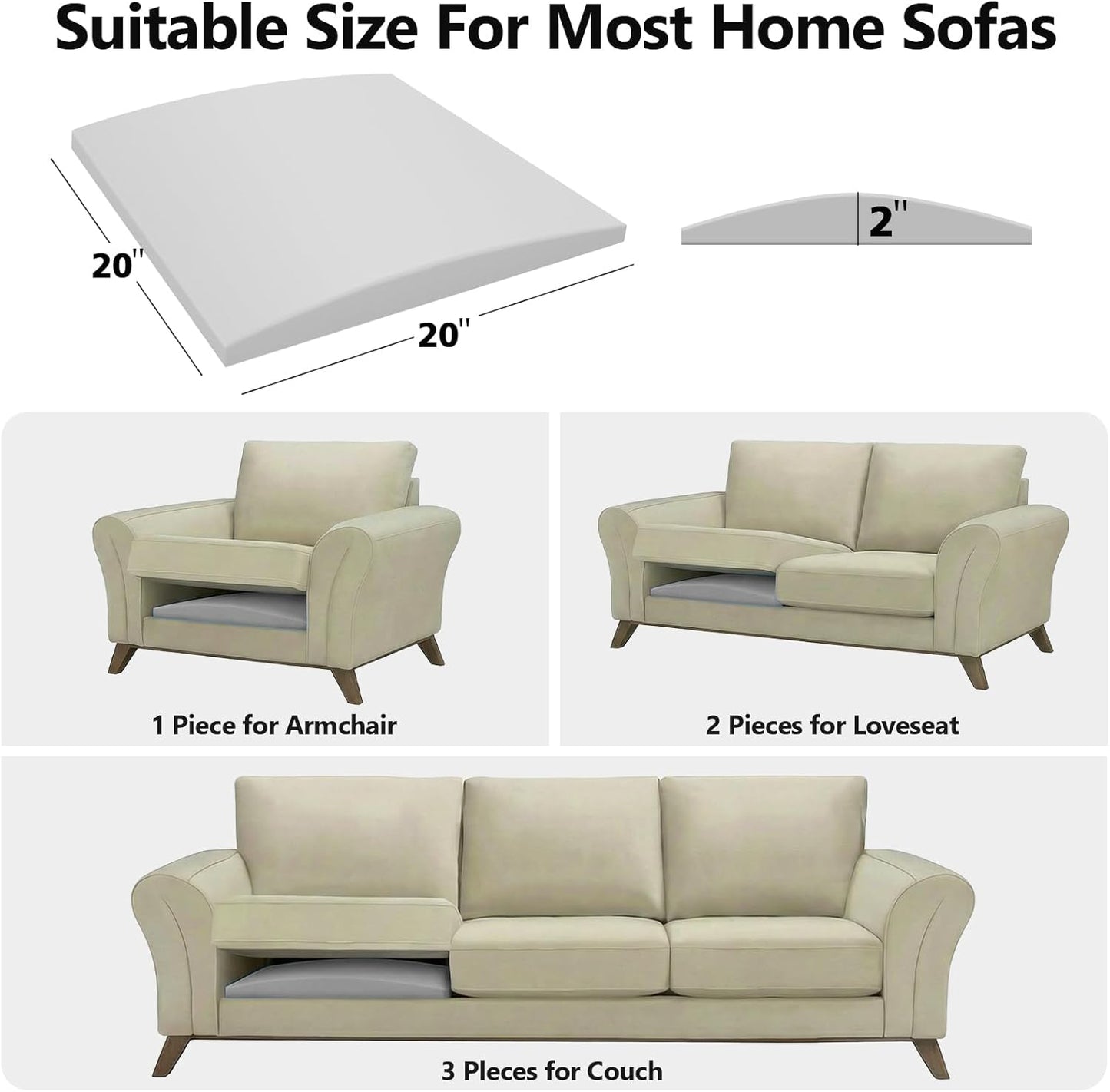 RA RUNNING ALIEN Couch Cushions Support for Sagging Seat -20"X 20"Curved Foam Sofa Cushion Support Board,Grey Couch Supporterfor Under The Cushions,Set of 3