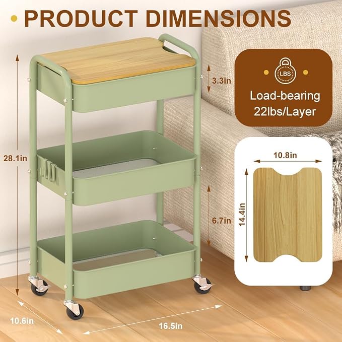 3 Tier Metal Utility Cart, Rolling Storage Cart - Image 6