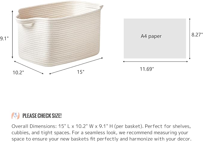 Cotton Rope Storage Basket 15"x10"x9" – Fabric Storage Bins - Image 2