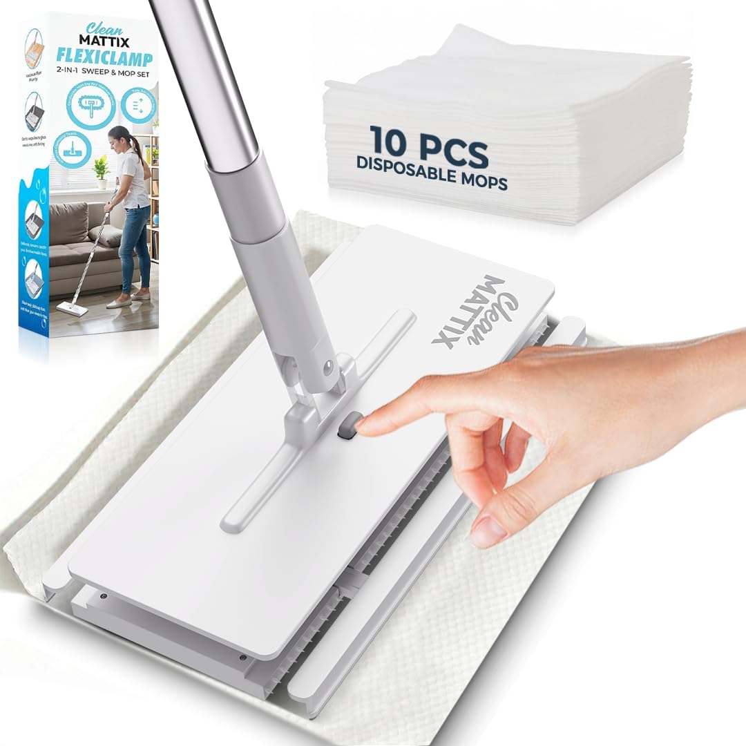FlexiClamp Sweep & Mop Kit - Compatible with Swiffer Pads, Durable Cleaning Tool for Hardwood, Tile, Marble & Laminate Floors, Home, Kitchen Cleaning Essentials. (Include 10 Dry Cloths)