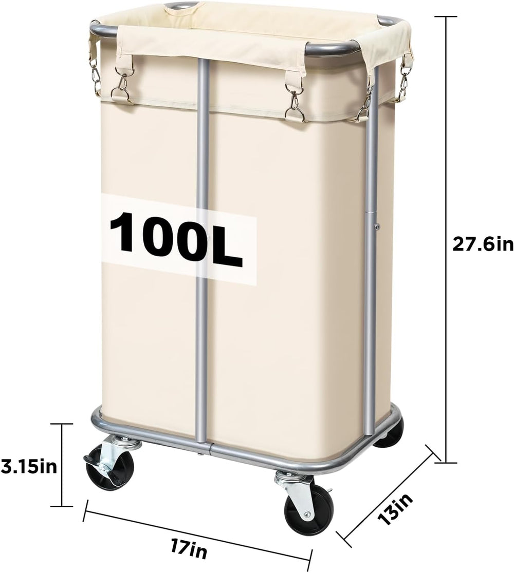100L Rolling Laundry Hamper Basket with Wheels for Bedroom, Beige