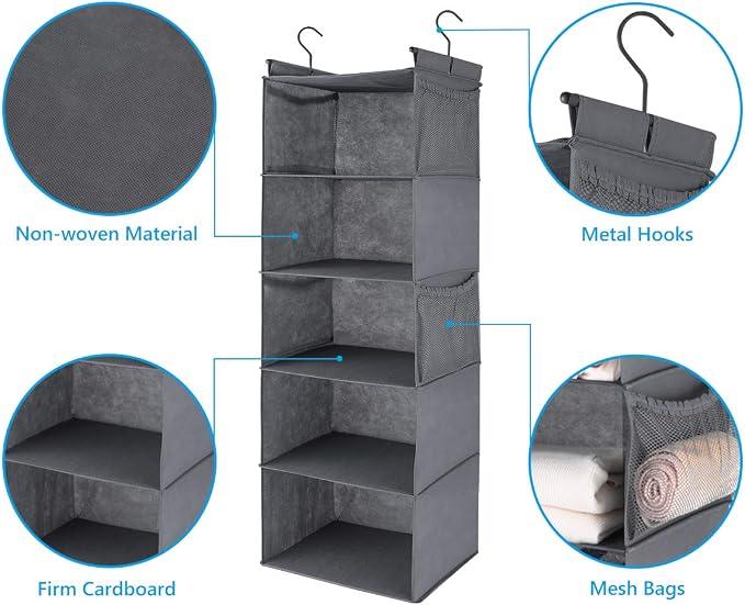 MAX Houser 5 Shelf Hanging Closet Organizer, Space Saver, Cloth Hanging Shelves - Image 4