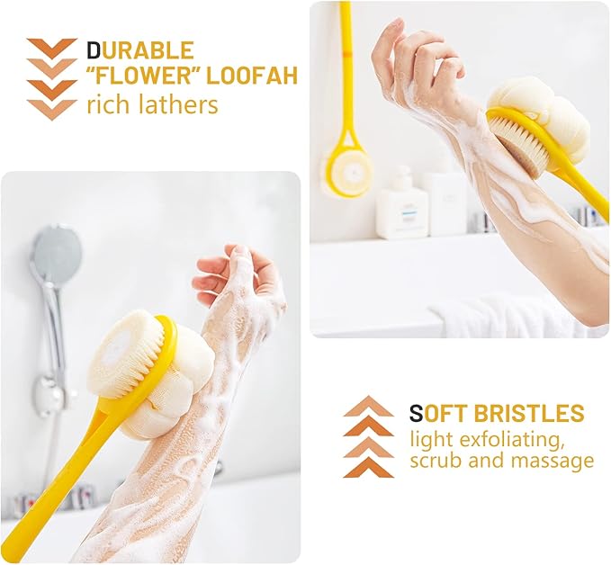 Shower Body Brush, Soft Bristles and Beautiful Pumpkin Loofah 14” Long Handle - Image 3