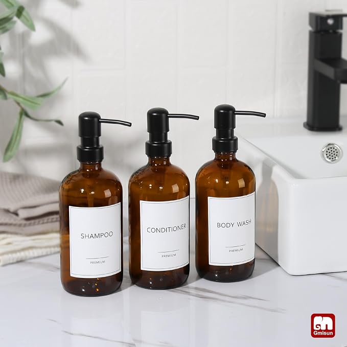 GMISUN Shampoo and Conditioner Dispenser, 3 Pack Amber Glass Bathroom Shampoo - Image 5