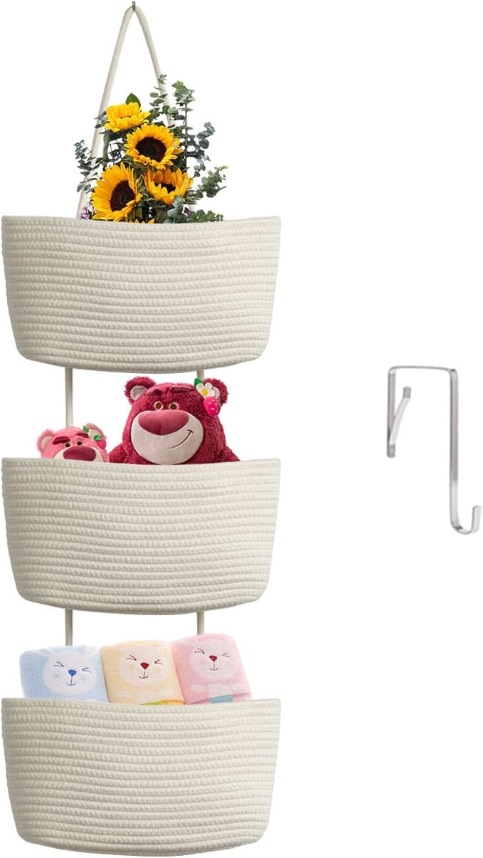 TeoKJ Over the Door Hanging Baskets, 3-Tier Woven Cotton Storage Organizer Bag by TeoKJ