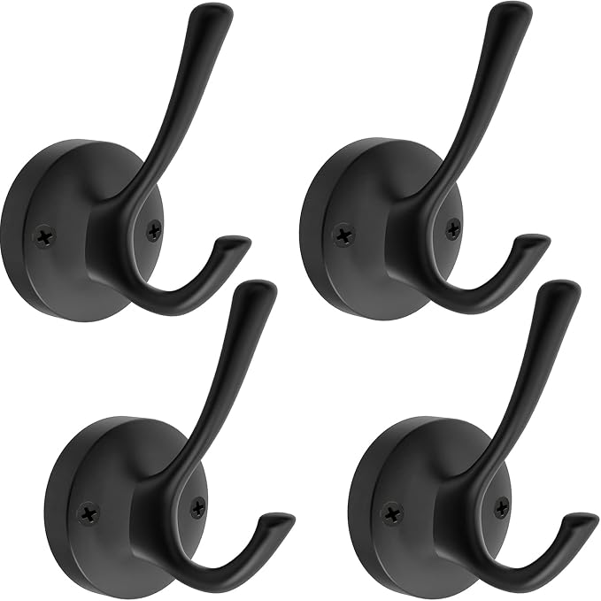Matte Black Wall Hooks, 4 Pack Heavy Duty Coat Towel Hook Metal Double Backpack by TOFIIGREM