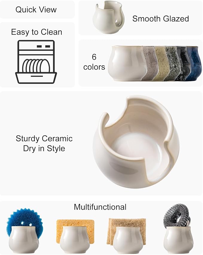 Sponge Holder for Kitchen Sink Counter, Ceramic Dish Sponge Caddy White Sink - Image 2