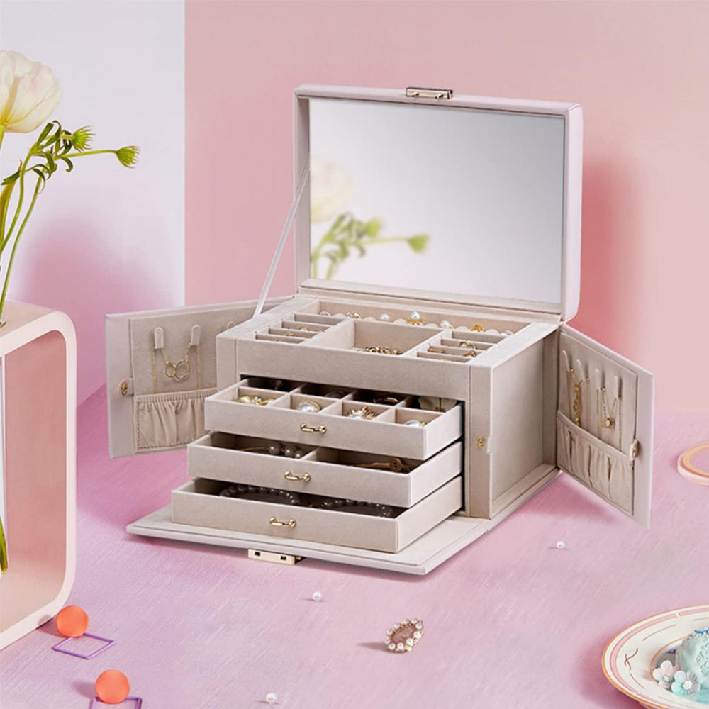 VLANDO Lockable Mirrored Jewelry Box Organizer, Beige