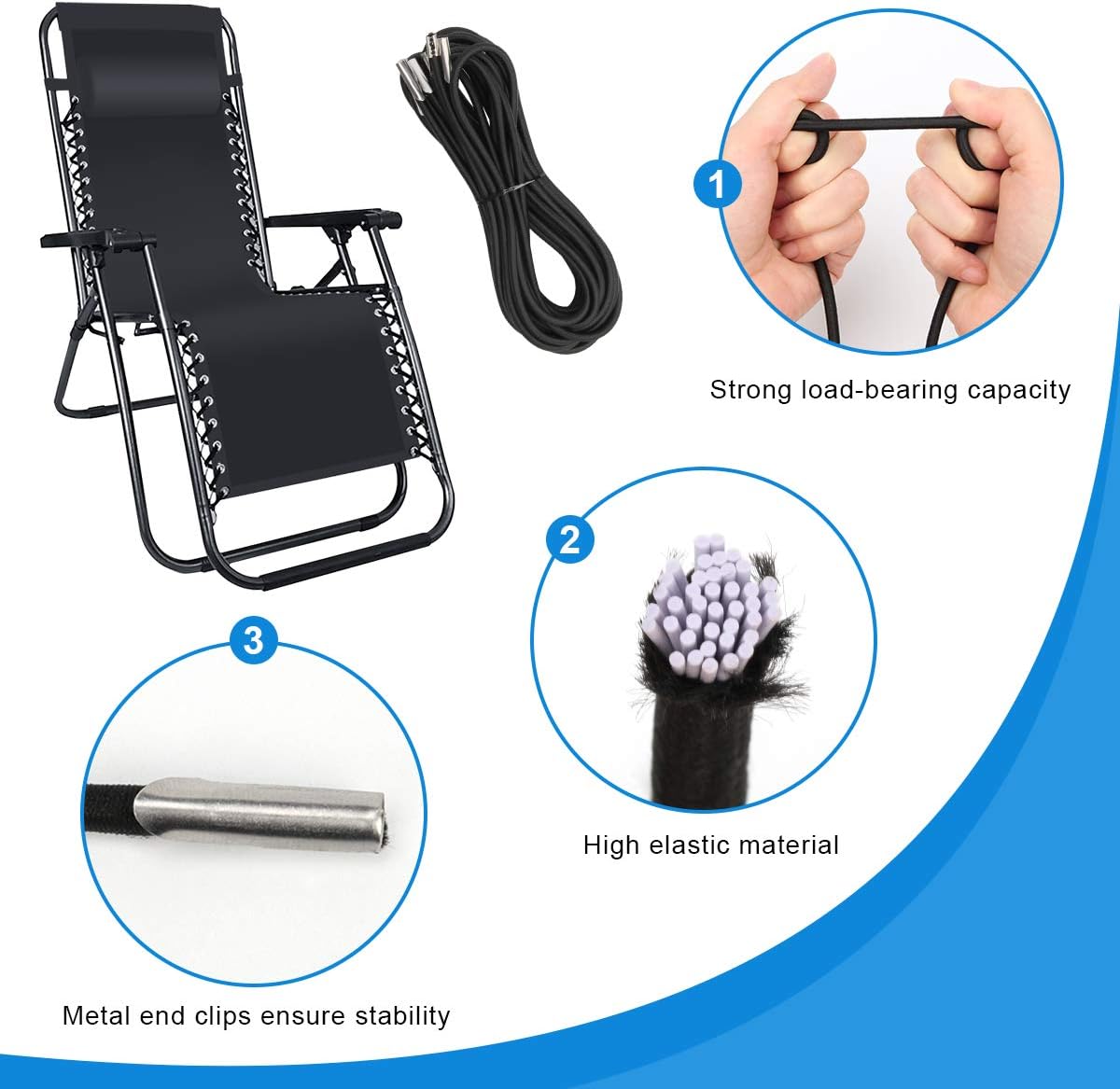 Universal Replacement Cord for Zero Gravity Chair, 4 Pack Elastic Cords Repair Tool Kit for Repairing Zero Gravity Chair, Recliners (Black)