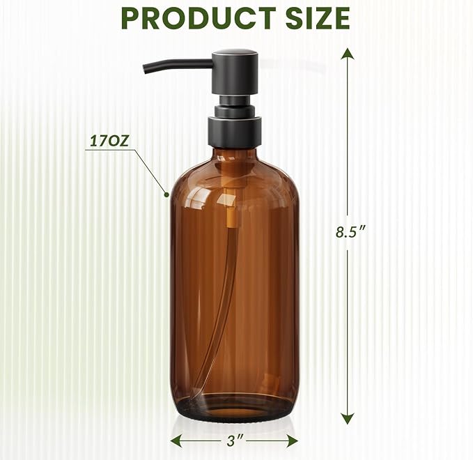 AmazerBath Amber Glass Soap Dispensers, 2 Glass Amber Pump Bottles, 17 Oz Dish - Image 2