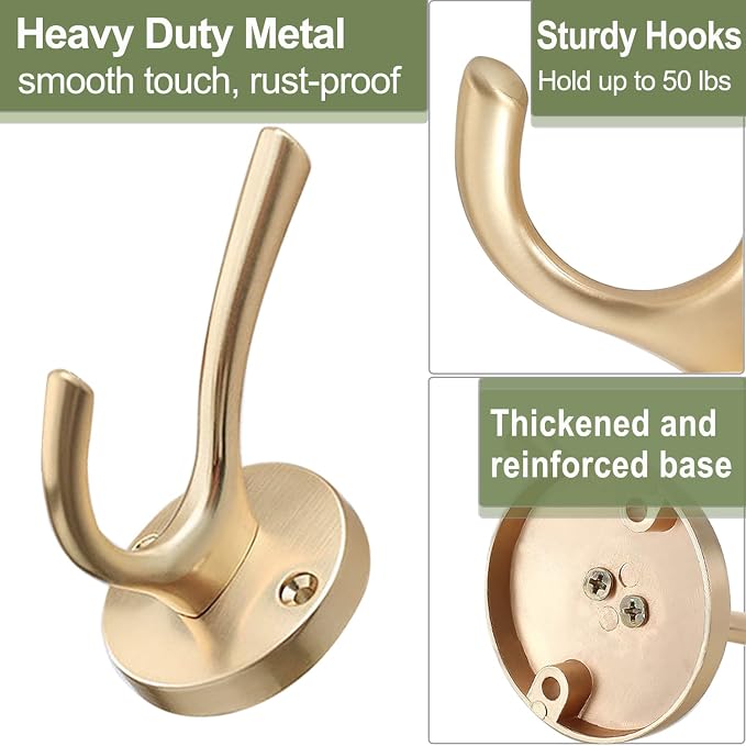Gold Hat and Coat Hooks, 4 Pack Heavy Duty Coat Robe Hook, Metal Double - Image 5