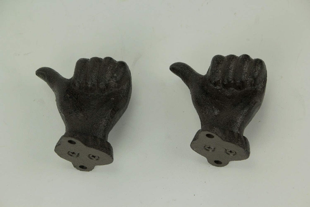 Brown Cast Iron Thumbs Up Hand Decorative Wall Hooks Set of 2