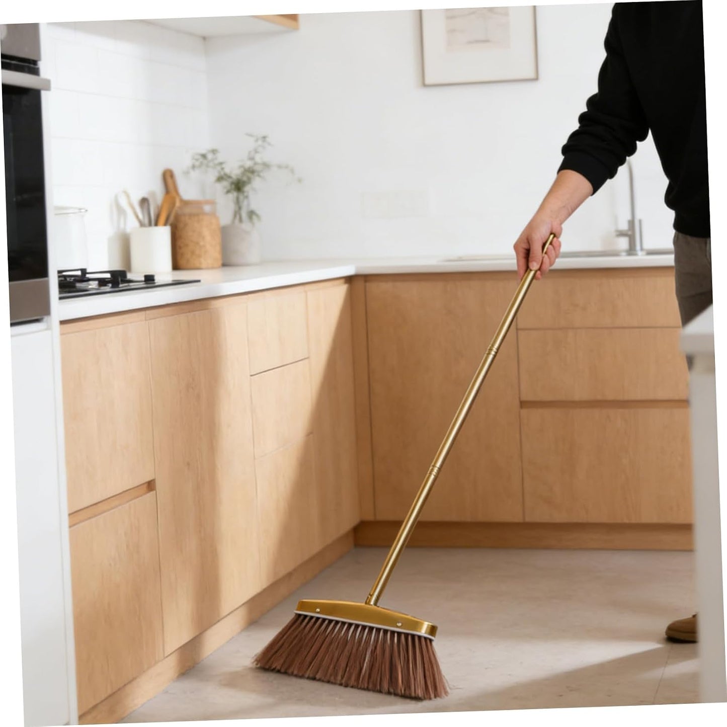MAGICLULU Golden Stainless Steel Dust Broom Weather Resistant and Moistureproof Material with Detachable Handle Sturdy Hardwood Floor Sweeper for Indoor and Yard Floor Cleaning for House