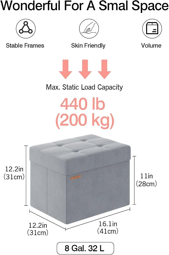 Folding Storage Ottoman, Velvet Storage Bench, Foot Stool, - Image 2