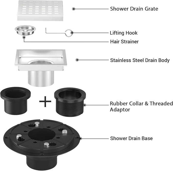 6 Inch Square Shower Floor Drain Brushed Stainless Steel Drain Kit - Image 4