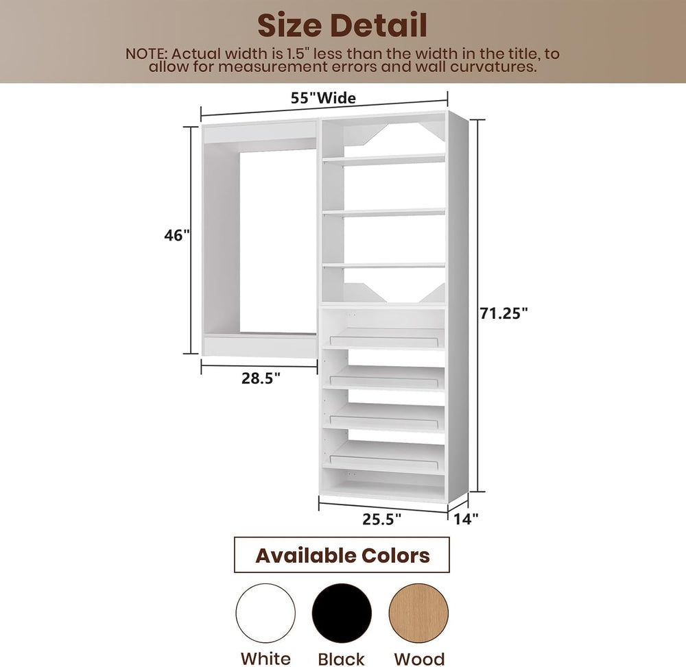 ROOMTEC Modular Closet System, 55" Wall Mounted Closet Organizer with Ha...