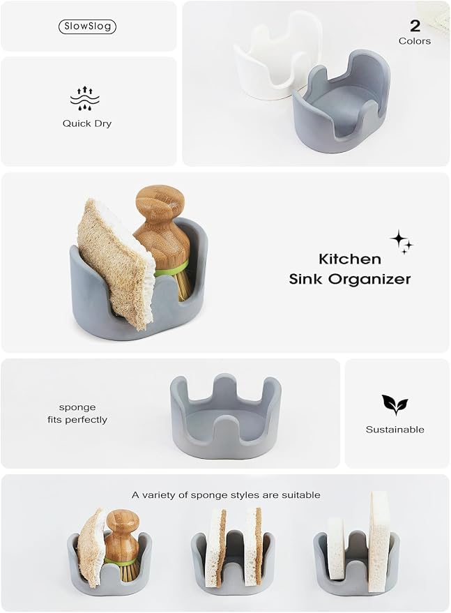 Double Sponge Holder, 2 Slots Diatomite Stone Sponge Holder, Absorbent Sponge - Image 4