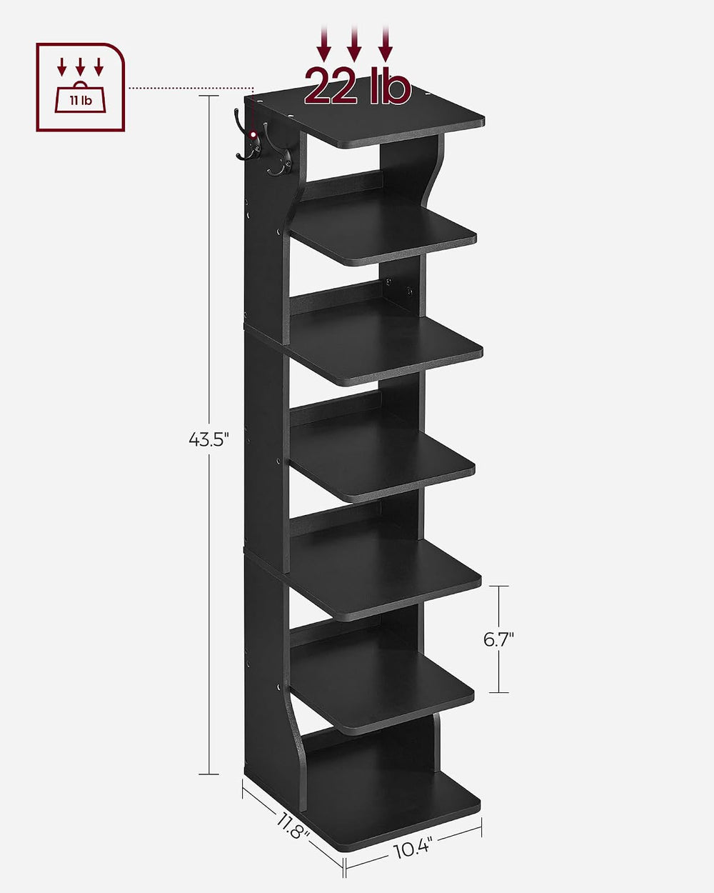 VASAGLE 7-Tier Vertical Shoe Rack, Narrow Shoe Storage Organizer with Hooks