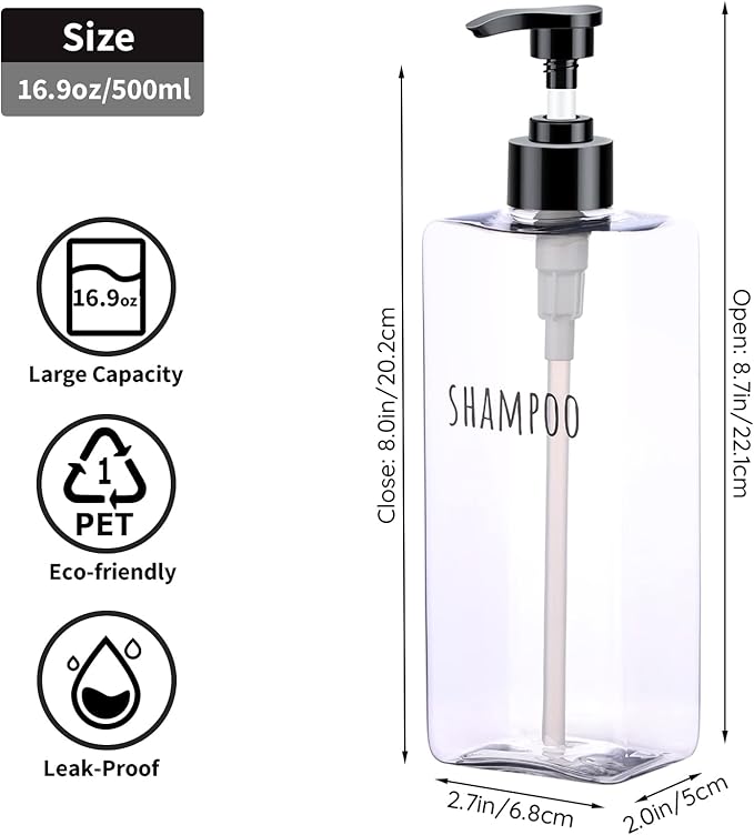 Segbeauty Clear Square Shampoo Bottles, 500ml Empty Reusable Bathroom Shower - Image 6
