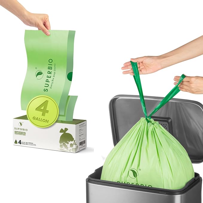 SUPERBIO 4 Gallon Compostable Drawstring Food Scrap Bags, 15.1 Liter, 0.9 Mil by SUPERBIOCOMPOSTABLEBAGS