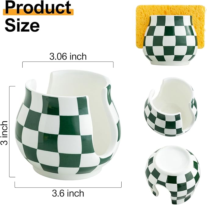 Kitchen Sponge Holder, Ceramic Sponge Organizer Checkered Scrubby Holder Sink - Image 2