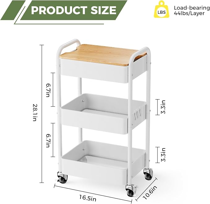 3 Tier Rolling Cart with Table top, Metal Rolling Utility Cart on Wheels - Image 4