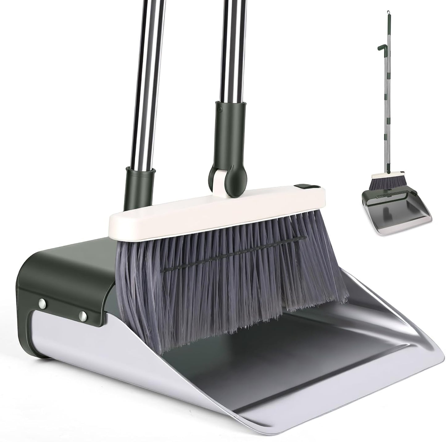 Broom with Dustpan Combo Set, Heavy Duty Standing Metal Dust Pan with Teeth, Indoor Outdoor Up for Home Kitchen Lobby Room Office, Green