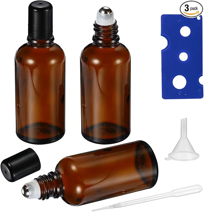 50ML Roller Bottles for Essential Oil, 3 Pack Empty Amber Glass Roller Bottle by HEYLEAYAR